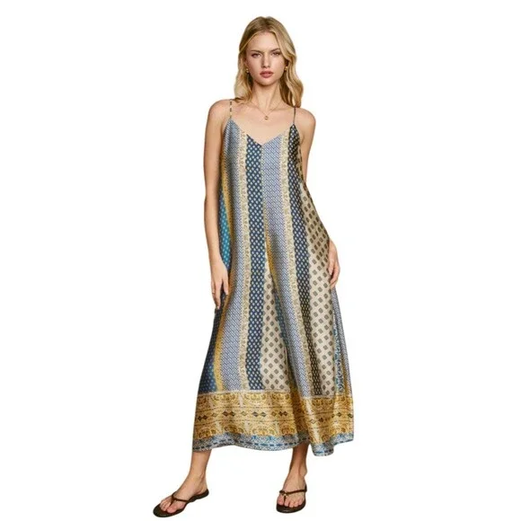 Boho Wide Leg Silky Satin Palazzo Jumpsuit M Multicolor Hippie Gypsy - Picture 2 of 16